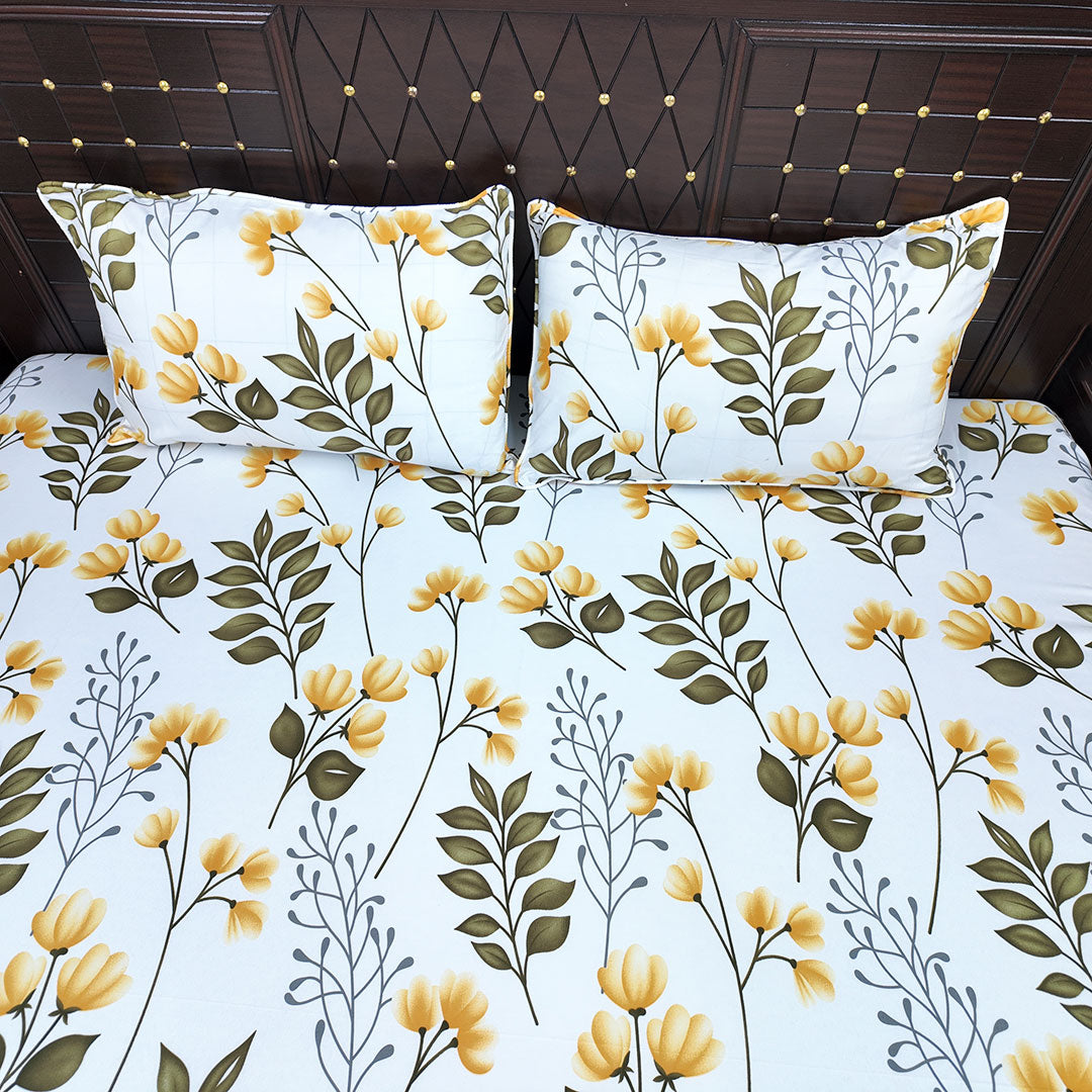 Shukrana Bedding – White Yellow Flower Stem Microfiber Bedsheet