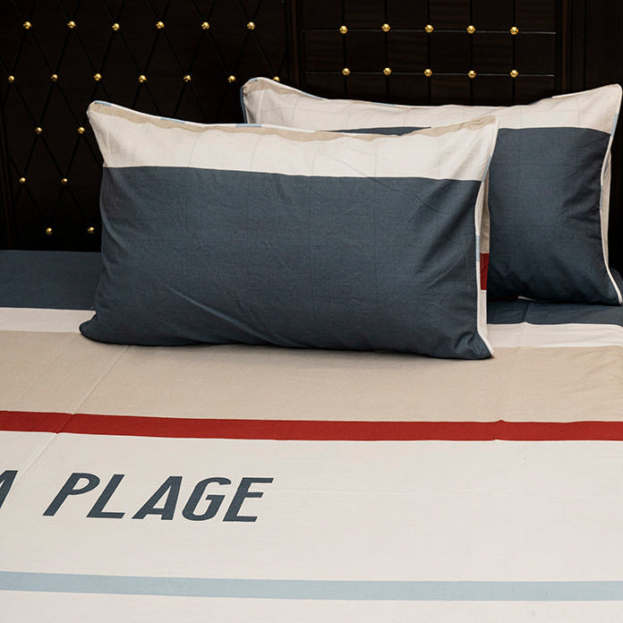 Shukrana Bedding – Beige Navy Blue Stripe Pure Cotton T200 Bedsheet