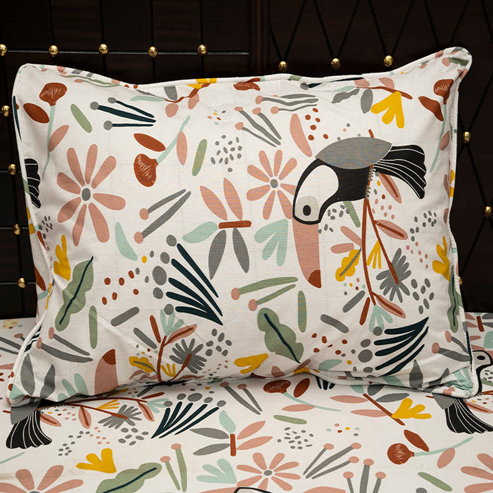 Shukrana Bedding – White Toucan Bird Floral Pure Cotton T200 Bedsheet