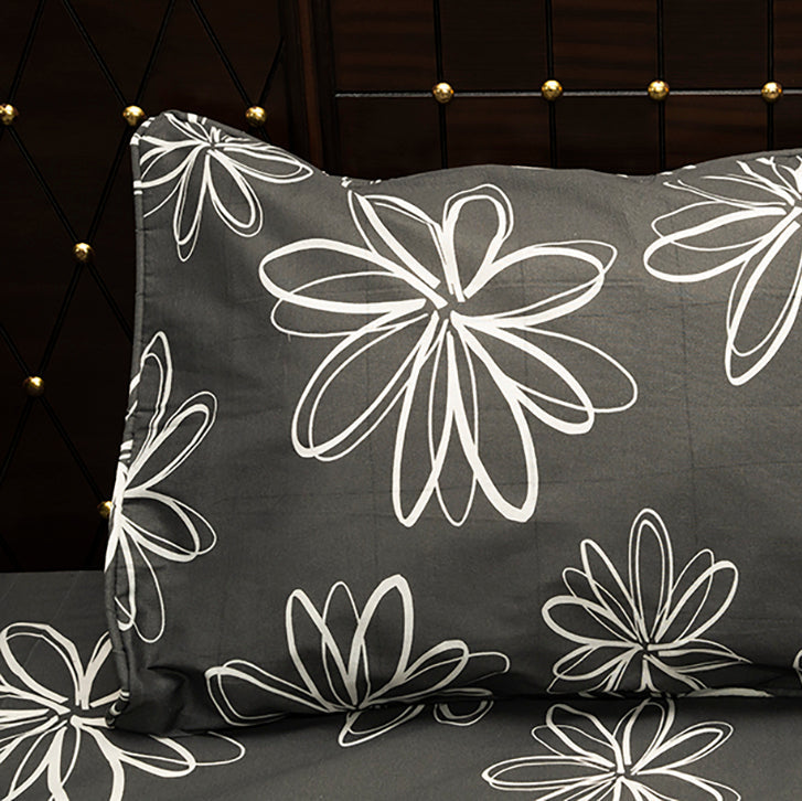 Shukrana Bedding – Dark Grey White Flower Outline Starch Cotton T200 Bedsheet
