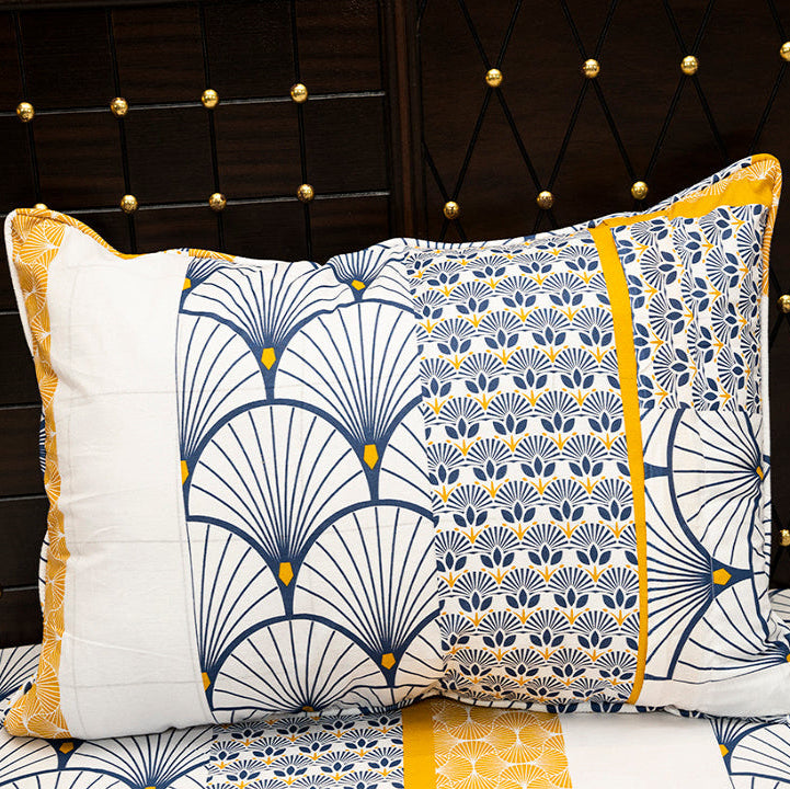 Shukrana Bedding – White Navy Yellow Fan Print Pure Cotton T200 Bedsheet