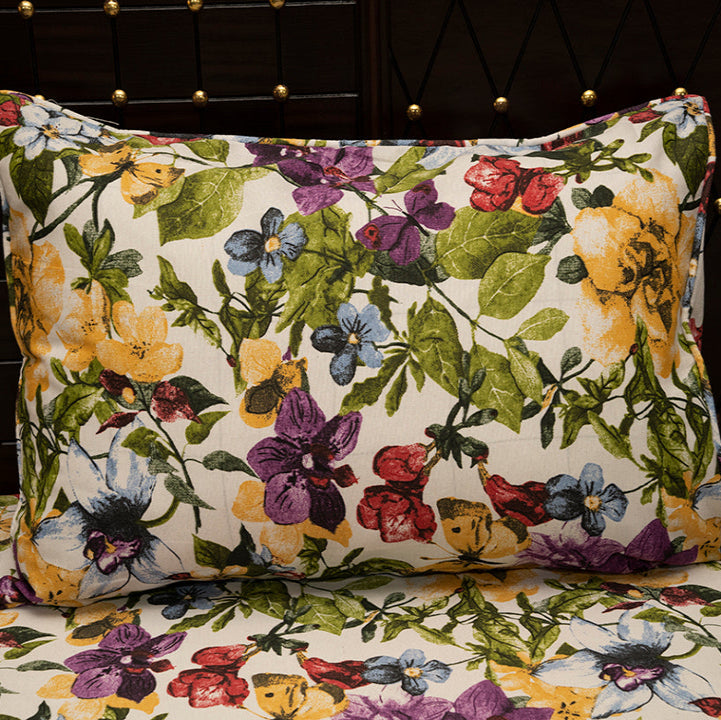 Shukrana Bedding – White Multicolor Garden Floral Denim Cotton Bedsheet