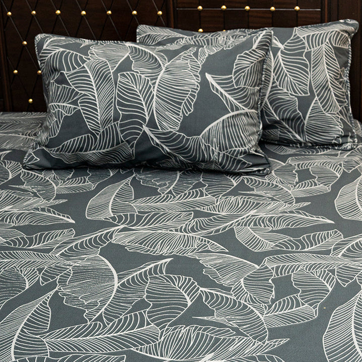 Shukrana Bedding – Dark Green White Leaf Outline Denim Cotton Bedsheet
