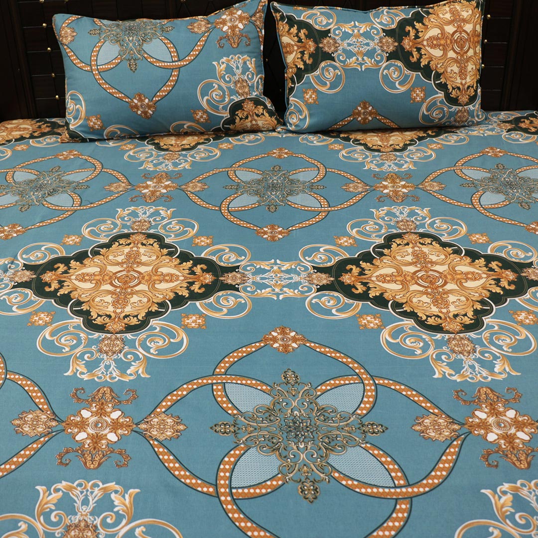 Shukrana Bedding – Teal Blue Gold Flower Design Pure Cotton T200 Bedsheet