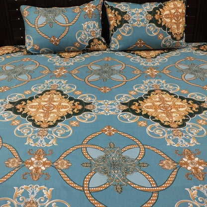 Shukrana Bedding – Teal Blue Gold Flower Design Pure Cotton T200 Bedsheet