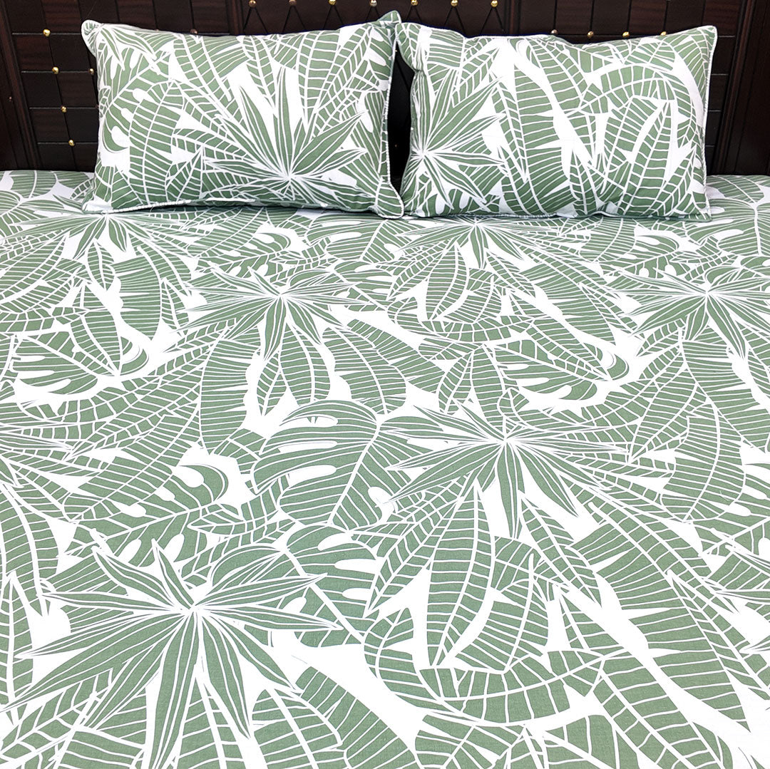 Shukrana Bedding – Sage Green Leaf Print Pure Cotton T200 Bedsheet