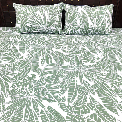 Shukrana Bedding – Sage Green Leaf Print Pure Cotton T200 Bedsheet