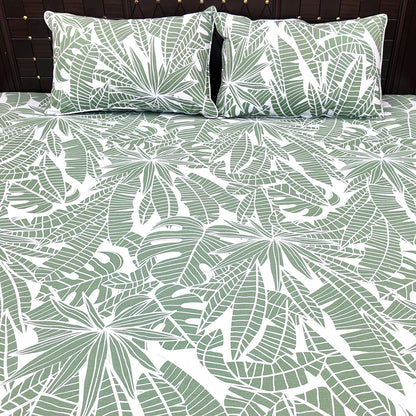 Shukrana Bedding – Sage Green Leaf Print Pure Cotton T200 Bedsheet