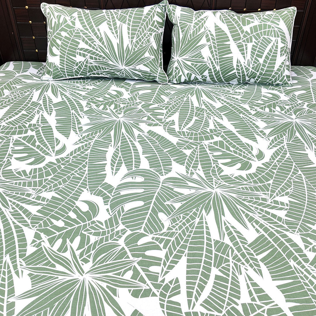 Shukrana Bedding – Sage Green Leaf Print Pure Cotton T200 Bedsheet