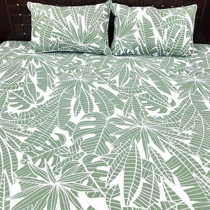 Shukrana Bedding – Sage Green Leaf Print Pure Cotton T200 Bedsheet