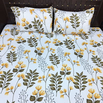 Shukrana Bedding – White Yellow Flower Stem Microfiber Bedsheet