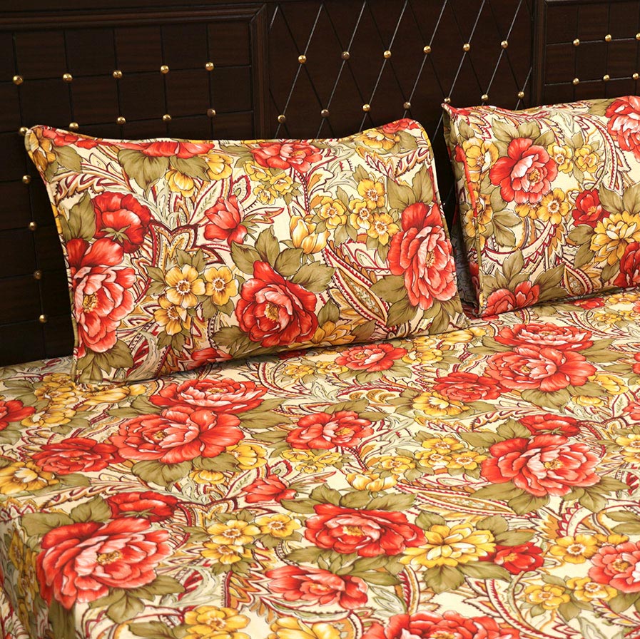 Shukrana Bedding – Cream Red Rose Satin Bedsheet