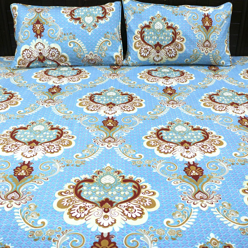Shukrana Bedding – Sky Blue Flower Design Pure Cotton T200 Bedsheet