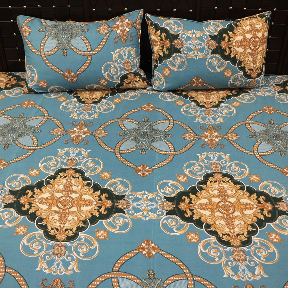Shukrana Bedding – Teal Blue Gold Flower Design Pure Cotton T200 Bedsheet