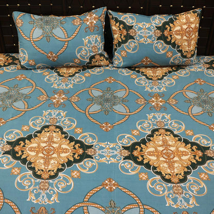 Shukrana Bedding – Teal Blue Gold Flower Design Pure Cotton T200 Bedsheet