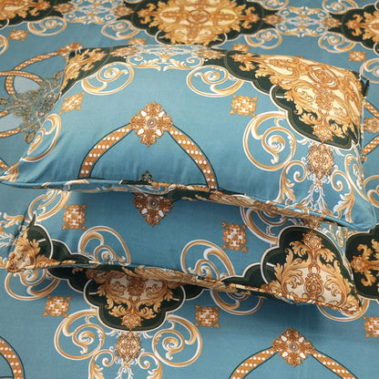 Shukrana Bedding – Teal Blue Gold Flower Design Pure Cotton T200 Bedsheet