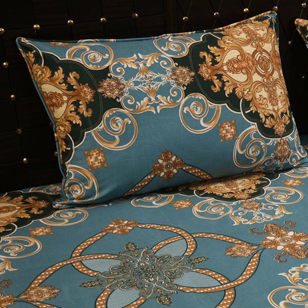 Shukrana Bedding – Teal Blue Gold Flower Design Pure Cotton T200 Bedsheet