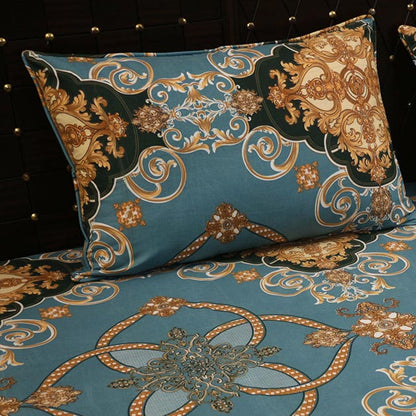 Shukrana Bedding – Teal Blue Gold Flower Design Pure Cotton T200 Bedsheet
