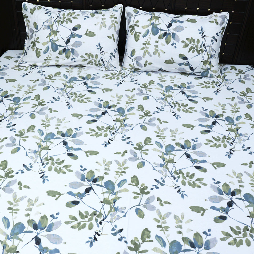 Shukrana Bedding – White Green Leaf Print Rich Cotton T150 Bedsheet
