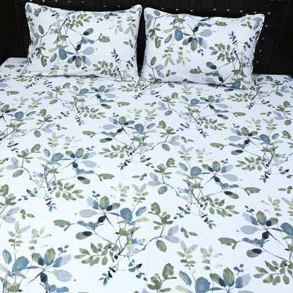 Shukrana Bedding – White Green Leaf Print Rich Cotton T150 Bedsheet