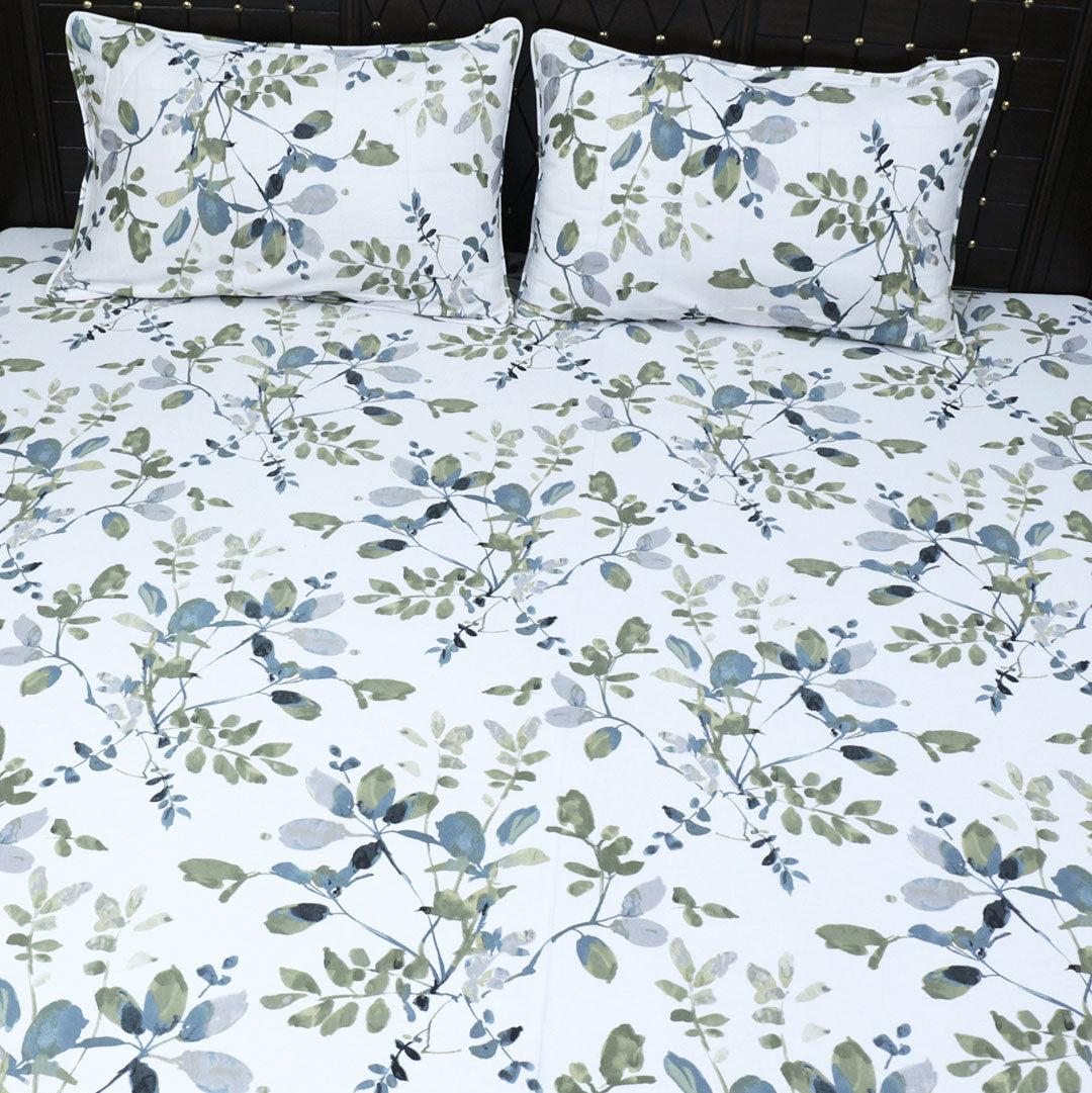 Shukrana Bedding – White Green Leaf Print Rich Cotton T150 Bedsheet