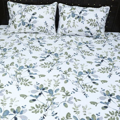 Shukrana Bedding – White Green Leaf Print Rich Cotton T150 Bedsheet
