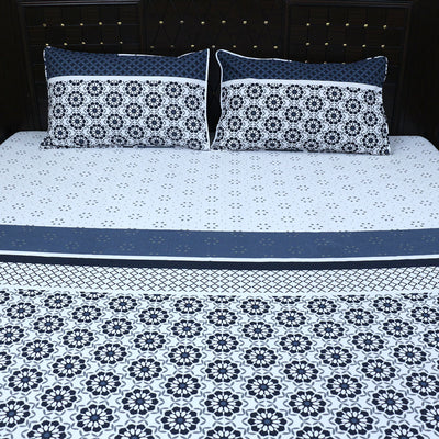 Shukrana Bedding – Navy White Moroccan Tile Pure Cotton T200 Bedsheet