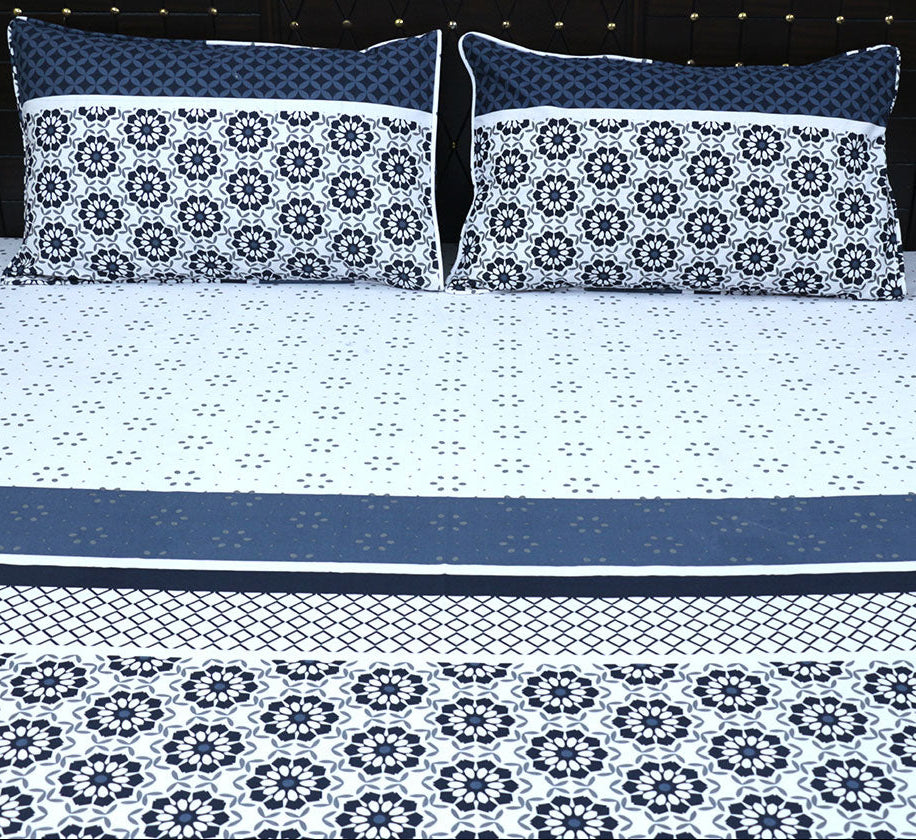 Shukrana Bedding – Navy White Moroccan Tile Pure Cotton T200 Bedsheet