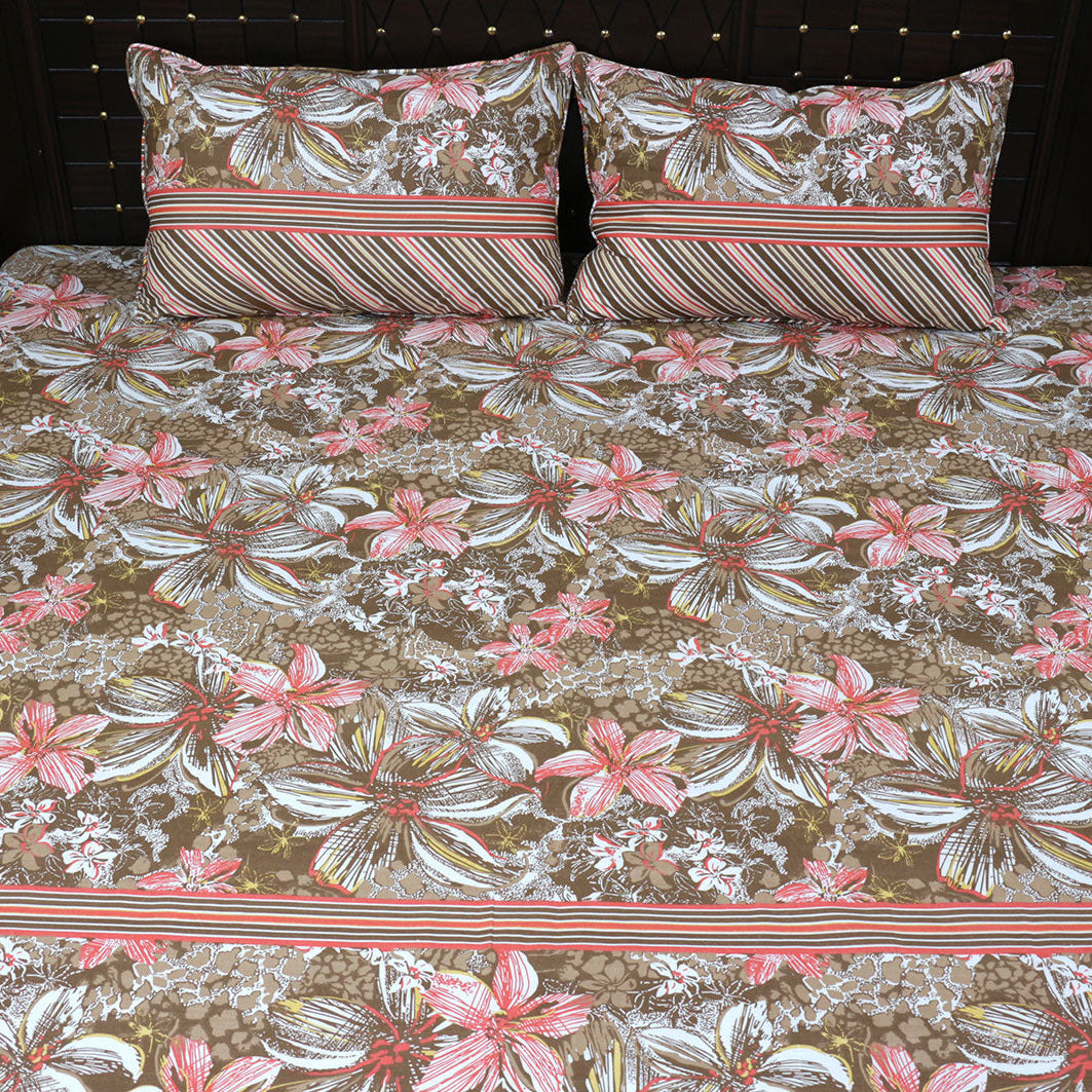 Shukrana Bedding – Brown Pink Lily Stripe Cotton Percale T300 Bedsheet