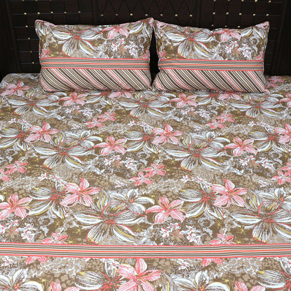 Shukrana Bedding – Brown Pink Lily Stripe Cotton Percale T300 Bedsheet