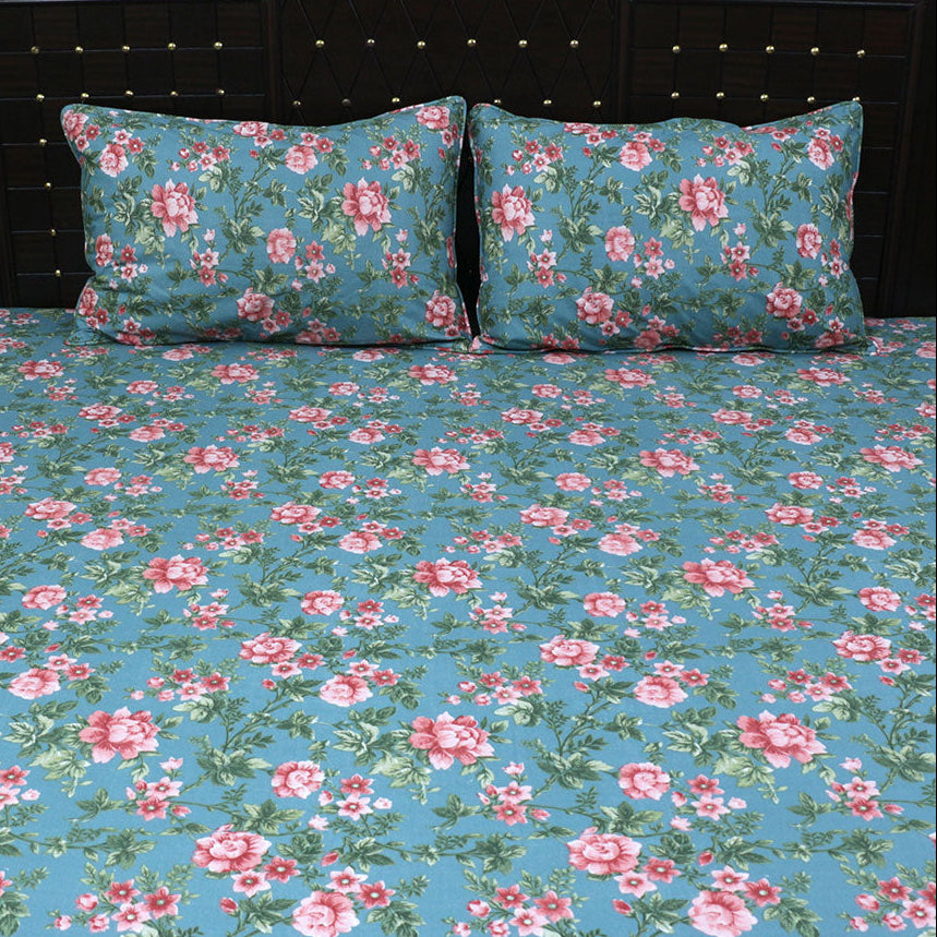 Shukrana Bedding – Sky Blue Pink Rose Garden Cotton Percale T300 Bedsheet