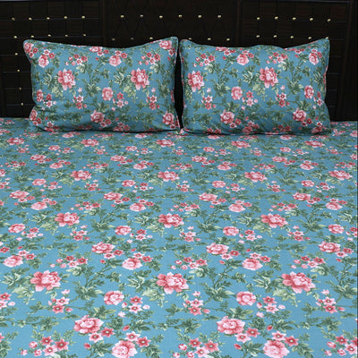 Shukrana Bedding – Sky Blue Pink Rose Garden Cotton Percale T300 Bedsheet