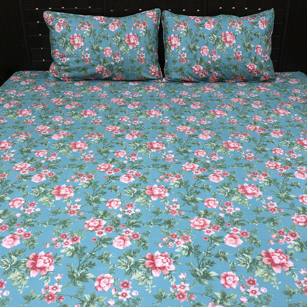 Shukrana Bedding – Sky Blue Pink Rose Garden Cotton Percale T300 Bedsheet