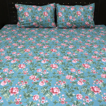 Shukrana Bedding – Sky Blue Pink Rose Garden Cotton Percale T300 Bedsheet