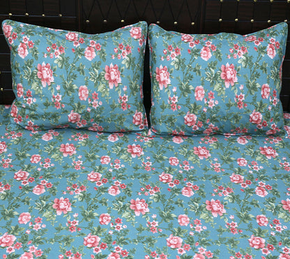 Shukrana Bedding – Sky Blue Pink Rose Garden Cotton Percale T300 Bedsheet