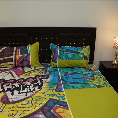 Shukrana Bedding – Green Graffiti Street Art Pure Cotton T200 Bedsheet