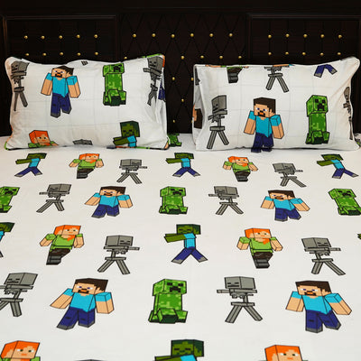 Shukrana Bedding – White Green Minecraft Game Pure Cotton T200 Bedsheet