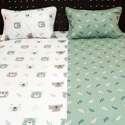 Shukrana Bedding – Green White Cute Bear Pure Cotton T200 Bedsheet
