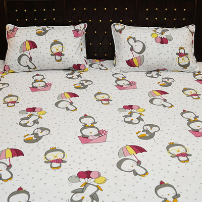 Shukrana Bedding – White Funny Penguin Print Pure Cotton T200 Bedsheet