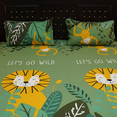 Shukrana Bedding – Green Jungle Lion Print Pure Cotton T200 Bedsheet