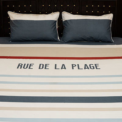 Shukrana Bedding – Beige Navy Blue Stripe Pure Cotton T200 Bedsheet