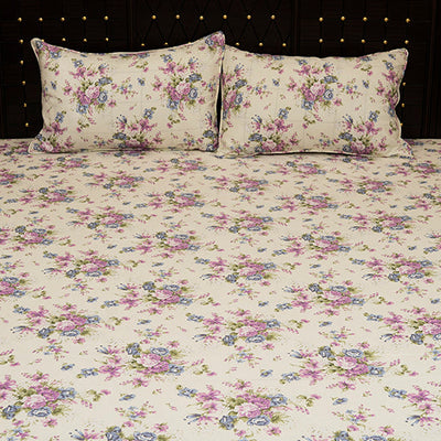 Shukrana Bedding – Cream Pink Purple Floral Pure Cotton T200 Bedsheet