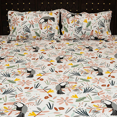 Shukrana Bedding – White Toucan Bird Floral Pure Cotton T200 Bedsheet
