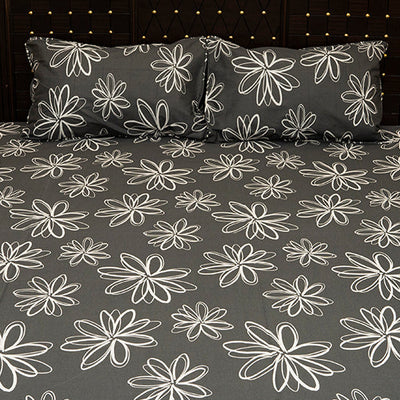 Shukrana Bedding – Dark Grey White Flower Outline Starch Cotton T200 Bedsheet