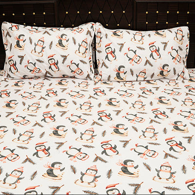 Shukrana Bedding – White Cute Penguin Print Pure Cotton T200 Bedsheet