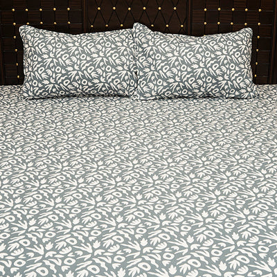 Shukrana Bedding – Grey Teal White Floral All Over Pure Cotton T200 Bedsheet