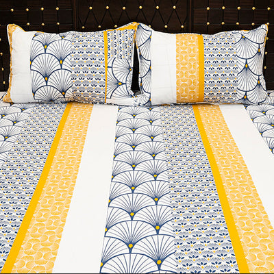 Shukrana Bedding – White Navy Yellow Fan Print Pure Cotton T200 Bedsheet