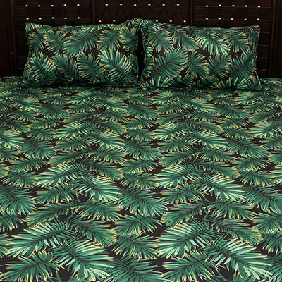 Shukrana Bedding – Black Green Tropical Palm Leaf Denim Cotton Bedsheet