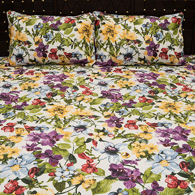 Shukrana Bedding – White Multicolor Garden Floral Denim Cotton Bedsheet