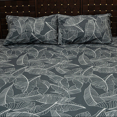 Shukrana Bedding – Dark Green White Leaf Outline Denim Cotton Bedsheet